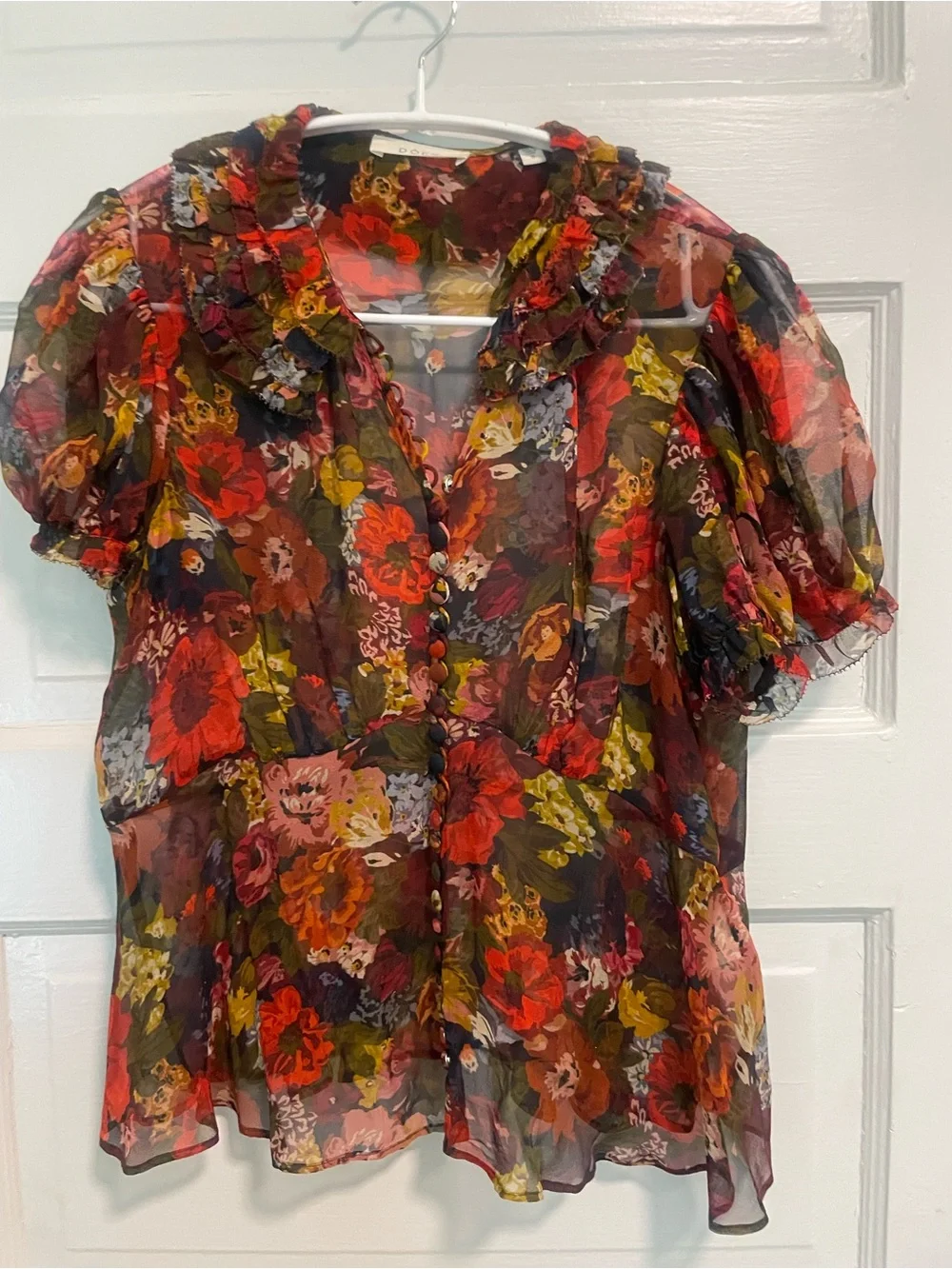 Doen Sheer Floral Ruffle Blouse - Red, Olive, Mustard